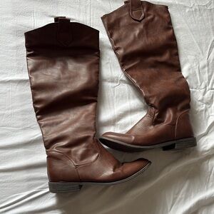 Ardene Brown Knee High Cowboy Boots | Fall Western Trend Faux Leather Size 6
